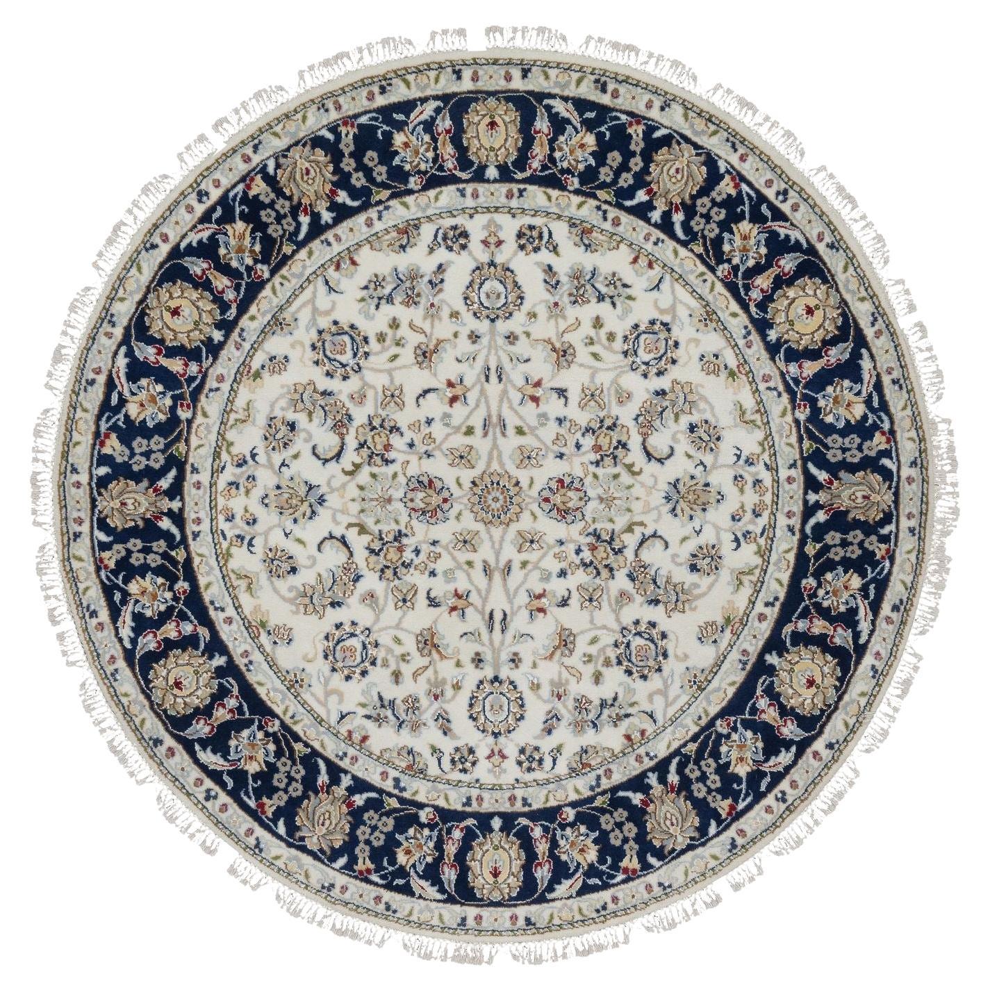 Tapis rond en laine et soie nouée à la main 5'x5' Ivory Nain with Flower Design en vente
