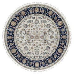 5'x5' Ivory Nain with Flower Design Hand Knotted Wool and Silk Round Rug