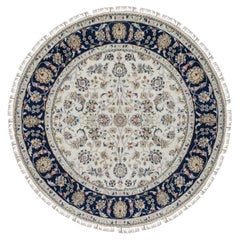 Tapis rond noué à la main 5
x5
 Laine et soie ivoire Nain avec motif floral