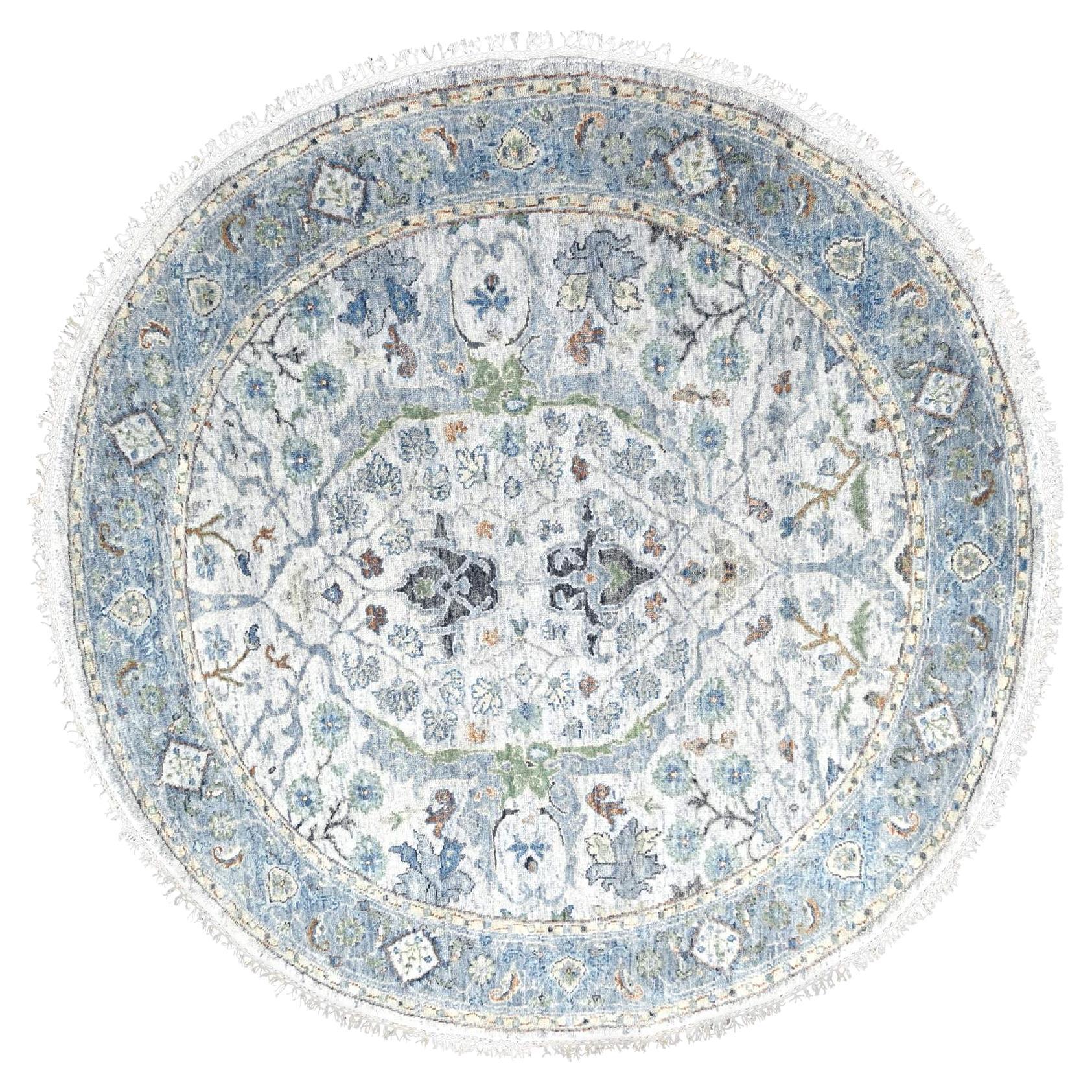 5'x5'  Light Gray Oushak Denser Weave Wool Round Hand Knotted Oriental Rug For Sale