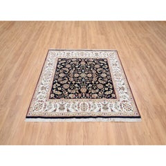 5'x5' Midnight Blue Hand Knotted Nain 250 KPSI Pure Wool Square Oriental Rug