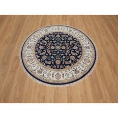 5'x5' Midnight Blue Nain Floral Pattern Wool and Silk Hand Knotted Round Rug
