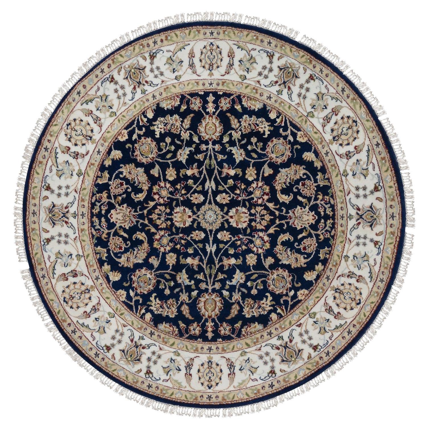 5
x5
 Midnight Blue Nain Floral Pattern Wool and Silk Hand Knotted Round Rug