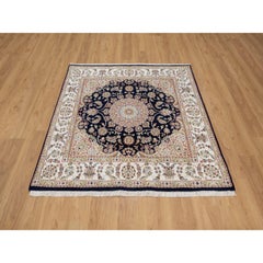 5'x5' Midnight Blue Wool & Silk Hand Knotted Nain with Center Medallion Rug