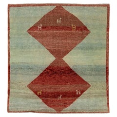 5x5 Alfombra moderna Gabbeh anudada a mano - Motivo tribal animal y diamante - Azul cielo