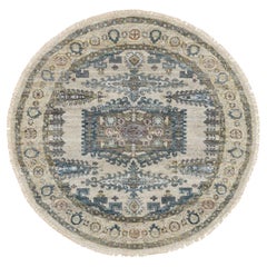 5'x5' Old Lace Ivory Tapis oriental rond en laine réimaginée nouée à la main
