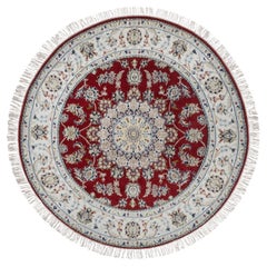 5'x5' Red Nain with Medallion Design Hand Knotted Wool & Silk Round Rug