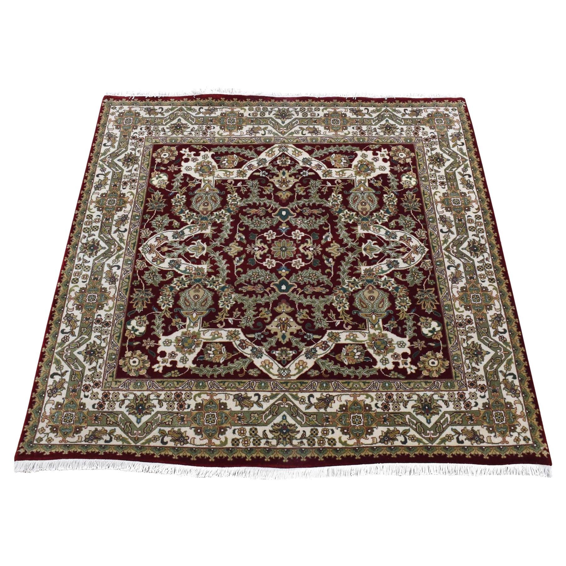 5'x5' Red, Tabriz Hand Knotted, 300 KPSI, New Zealand Wool, Square Rug For Sale