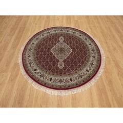 5'x5' Ruby Red Tabriz Mahi Fish Medallion Design Wool Hand Knotted Round Rug