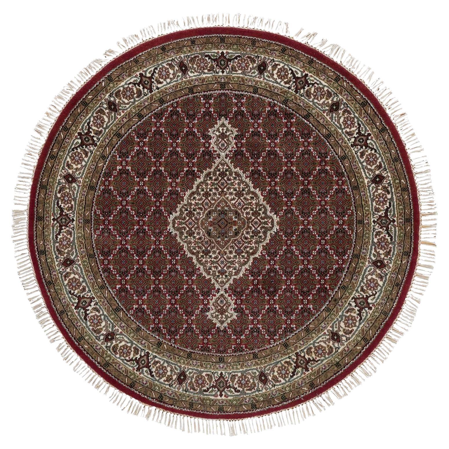 5
x5
 Ruby Red Tabriz Mahi Fish Medallion Design Wool Hand Knotted Round Rug For Sale