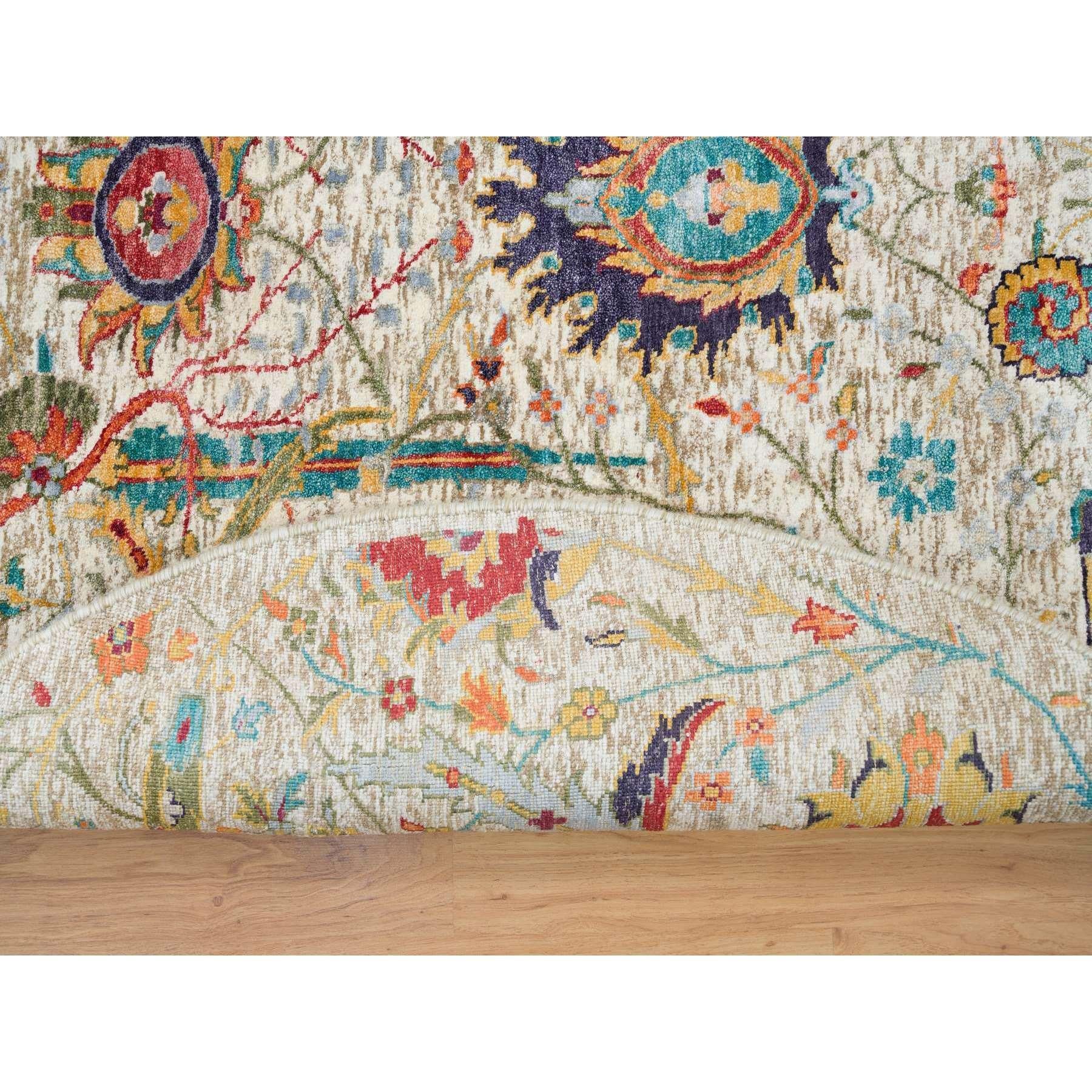 Alfombra oriental redonda de seda anudada a mano con lana texturizada, Tan Sickle Leaf 5'x5 Indio en venta