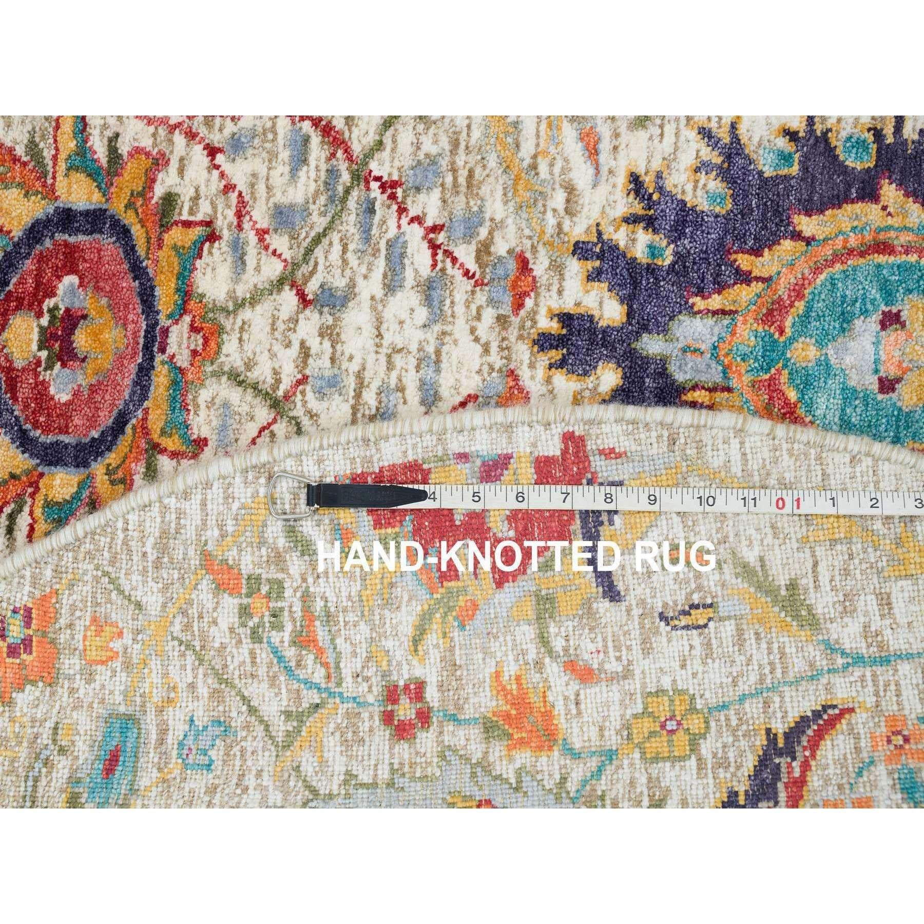 Alfombra oriental redonda de seda anudada a mano con lana texturizada, Tan Sickle Leaf 5'x5 en venta 1