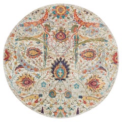 5'x5' Tan Sickle Leaf Hand Knotted Silk With Textured Wool Round Oriental Rug