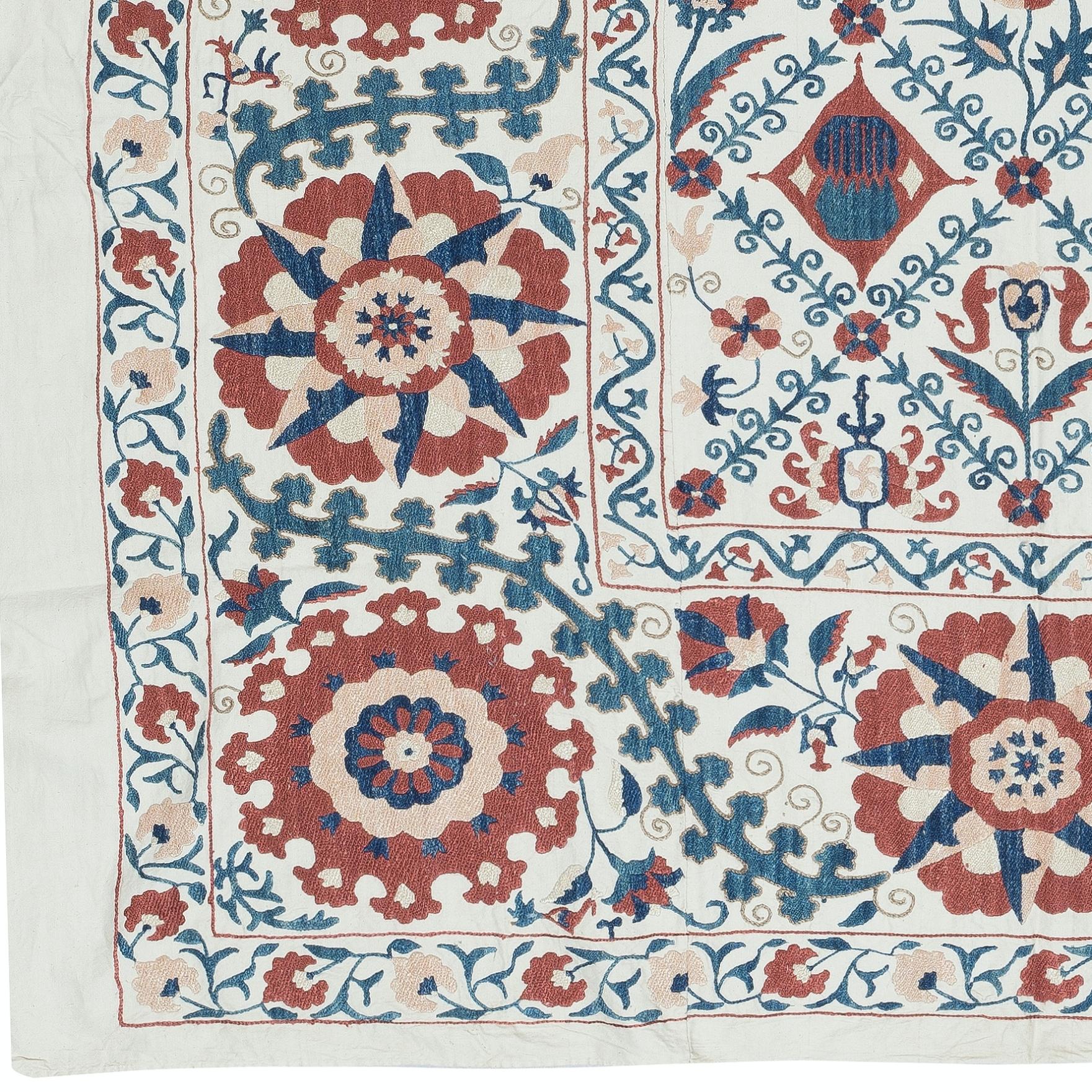 Central Asian 5x5.7 Ft Hand Embroidered Silk Wall Hanging. Modern Tablecloth. New Bed Cover For Sale