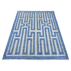 5'x6' Blauer feiner Peshawar mit Labyrinth Design Handgeknüpfter Wolle Orientteppich