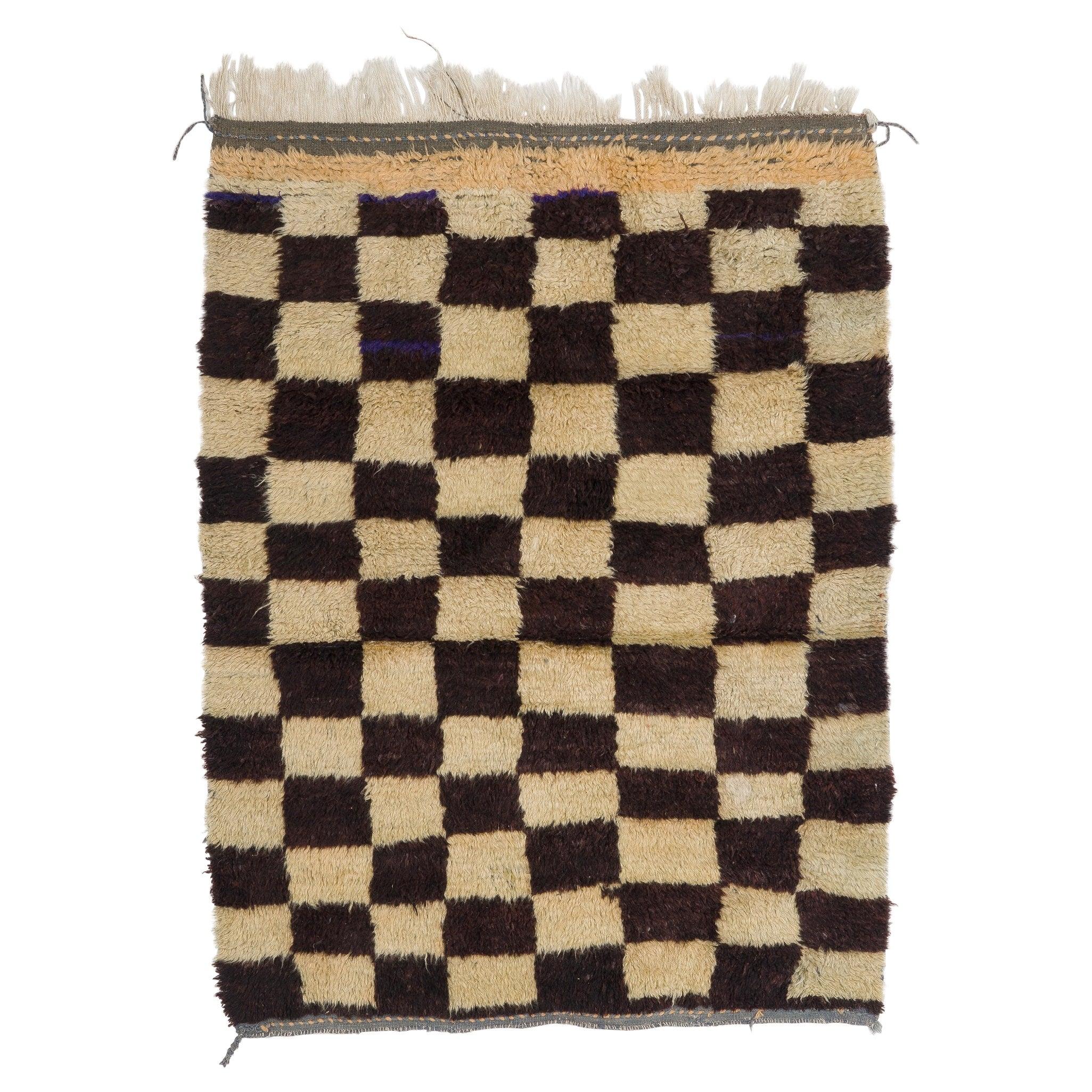 5x6 Ft Vintage Chessboard Design Anatolian "Tulu" Rug, Natural Un-Dyed Wool