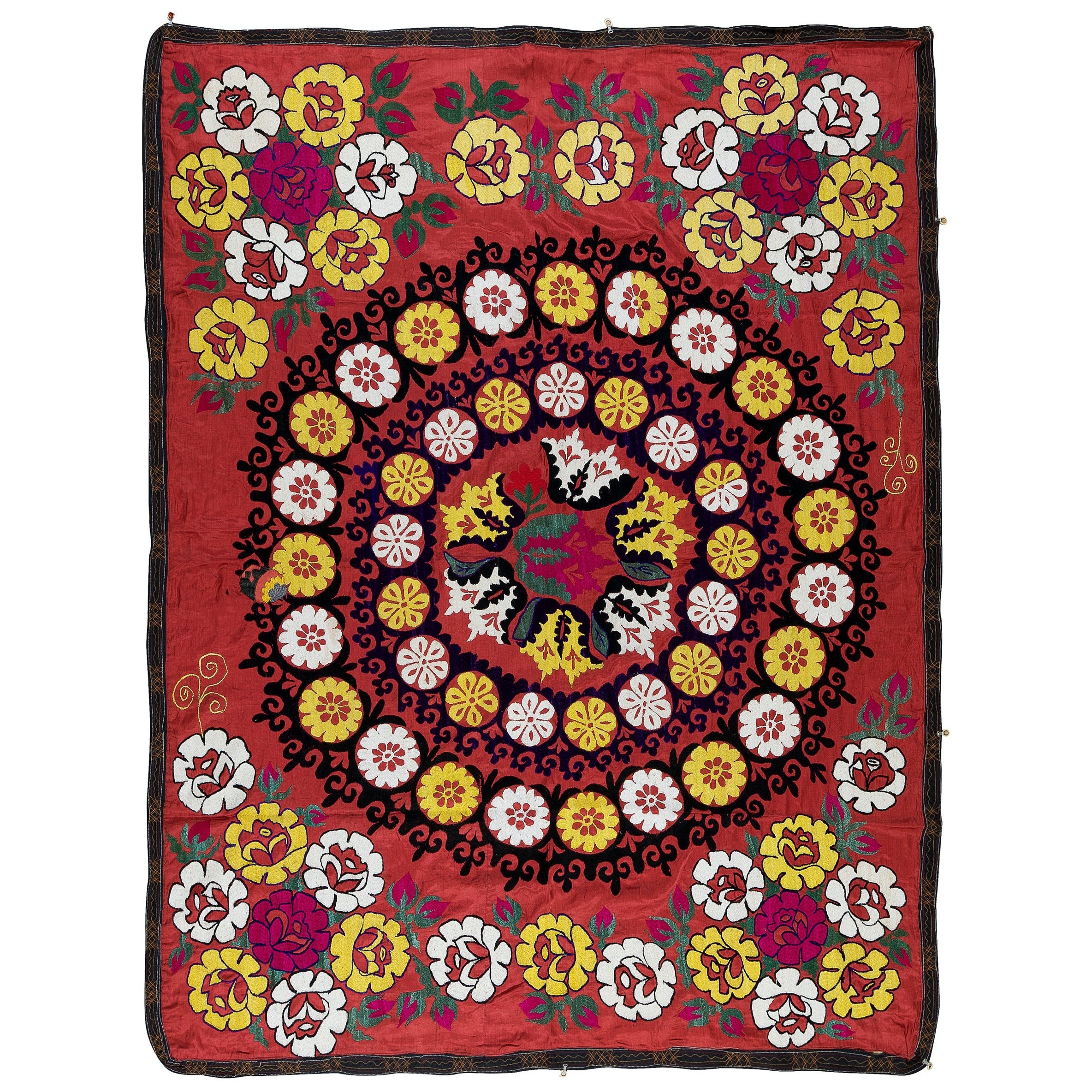 Copriletto con ricamo in seta 5x6 Ft, applique Suzani in rosso, arazzo uzbeko