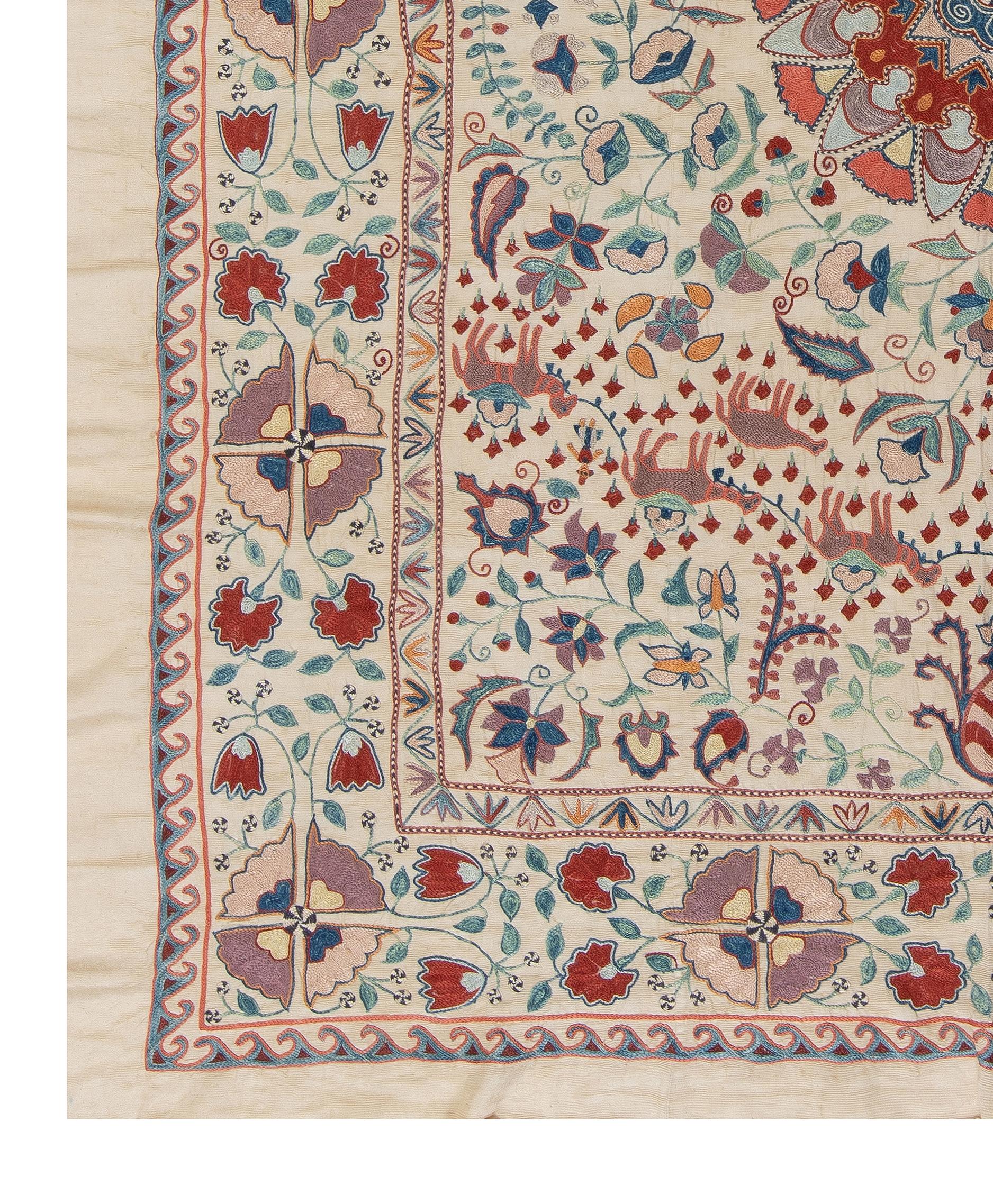 5x6 Ft Decorative 100% Silk Suzani from Uzbekistan, Embroidered Wall Hanging 1