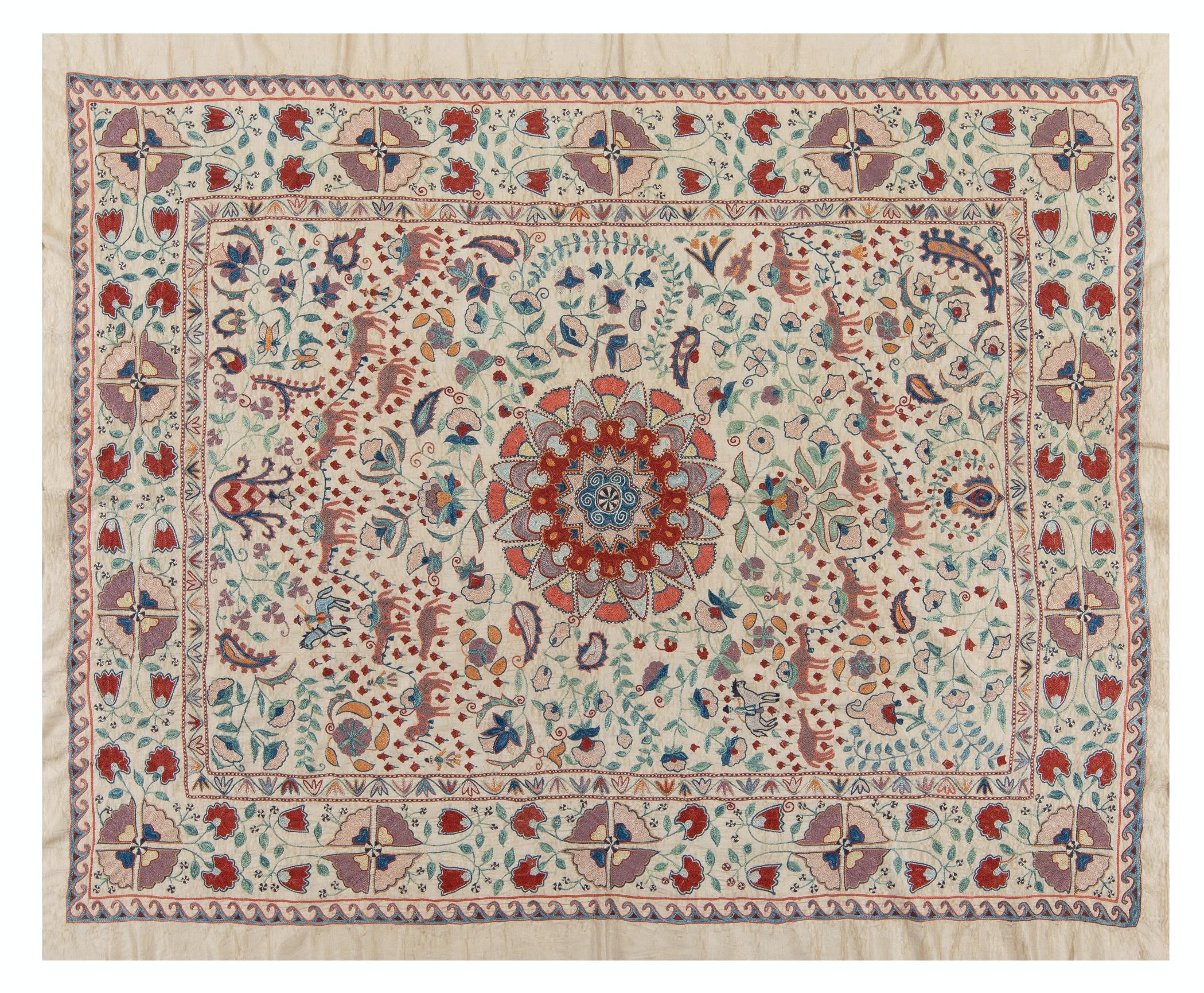 5x6 Ft Decorative 100% Silk Suzani from Uzbekistan, Embroidered Wall Hanging 3