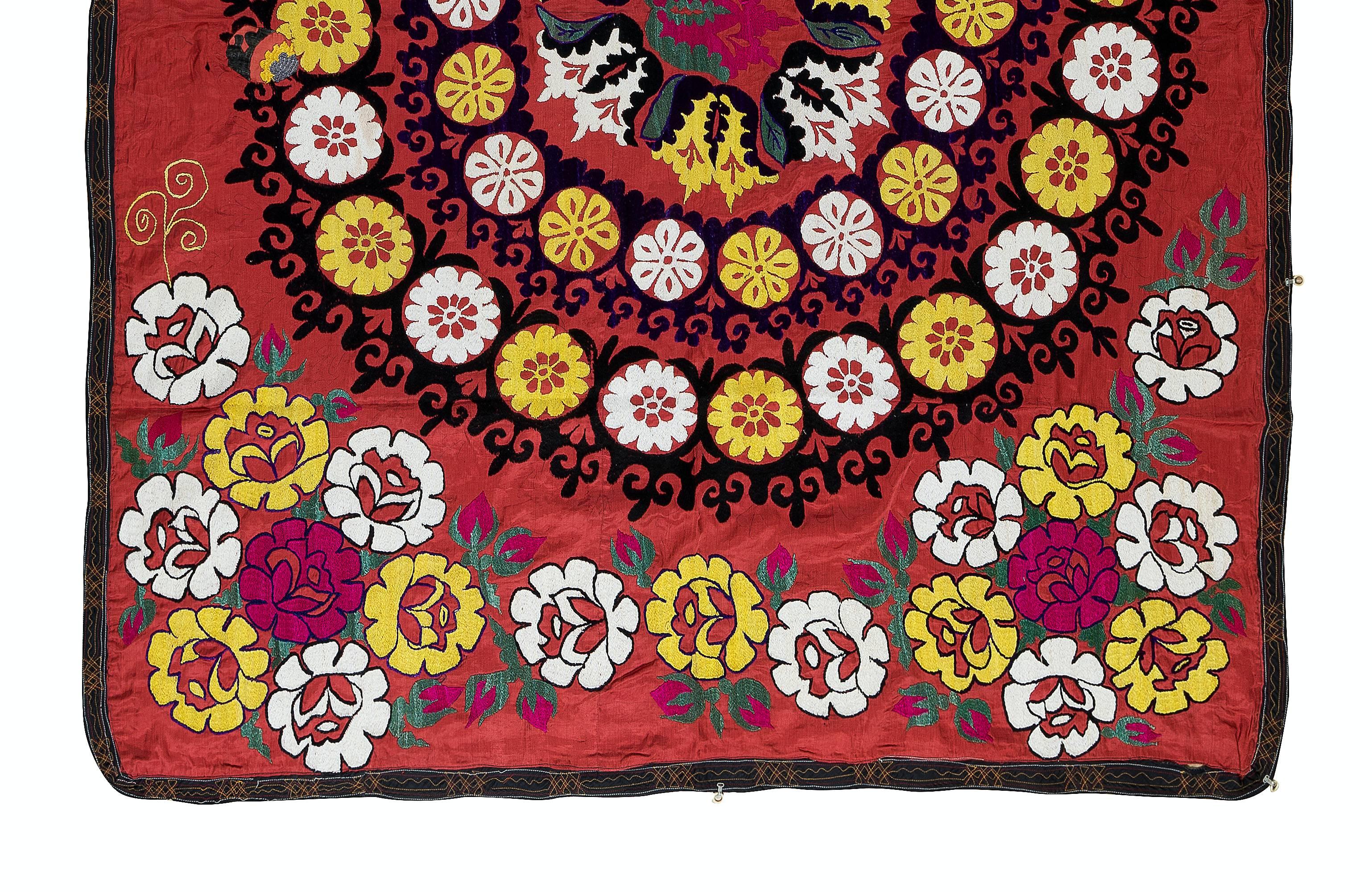 Uzbek 5x6 Ft Traditional Silk Embroidery Bed Cover, Asian Suzani Wall Hanging in Red For Sale