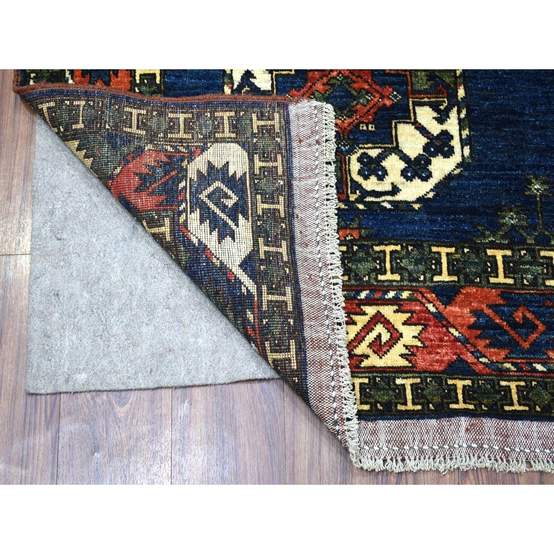 This is a truly genuine one-of-a-kind Afghan Ersari Elephant Feet Design Hand Knotted Organic Dyes Blue With Pop Of Color Oriental Rug. It has been Knotted for months and months in the centuries-old weaving craftsmanship techniques by expert