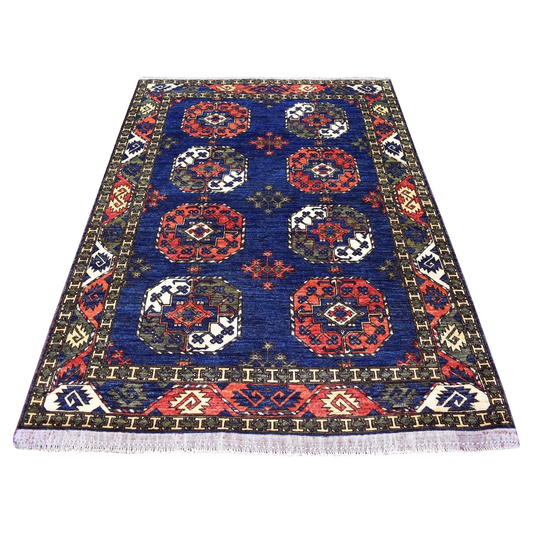 5'x6'10" Afghan Ersari Elephant Feet Design Hand Knotted Organic Dyes Blue Rug For Sale
