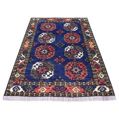5'x6'10" Afghan Ersari Elephant Feet Design Hand Knotted Organic Dyes Blue Rug