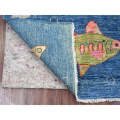 5'x6'10" Blue Afghan Peshawar Oceanic Fish Design Soft Wool Hand Knotted Rug