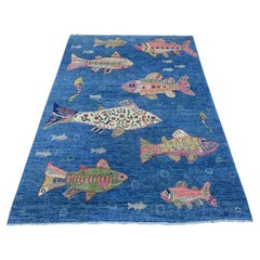 5'x6'10" Blue Afghan Peshawar Oceanic Fish Design Soft Wool Hand Knotted Rug