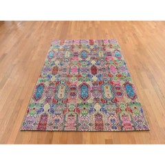 5'x6'10" Colorful Jewellery Design Sari Silk and Textured Wool Hand Knotted Rug