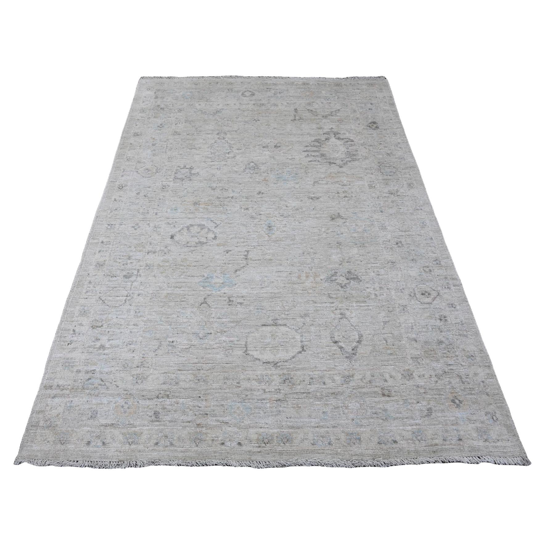 Tappeto Afgano Angora Oushak grigio con motivo all over annodato a mano in pura lana 5'x6'10