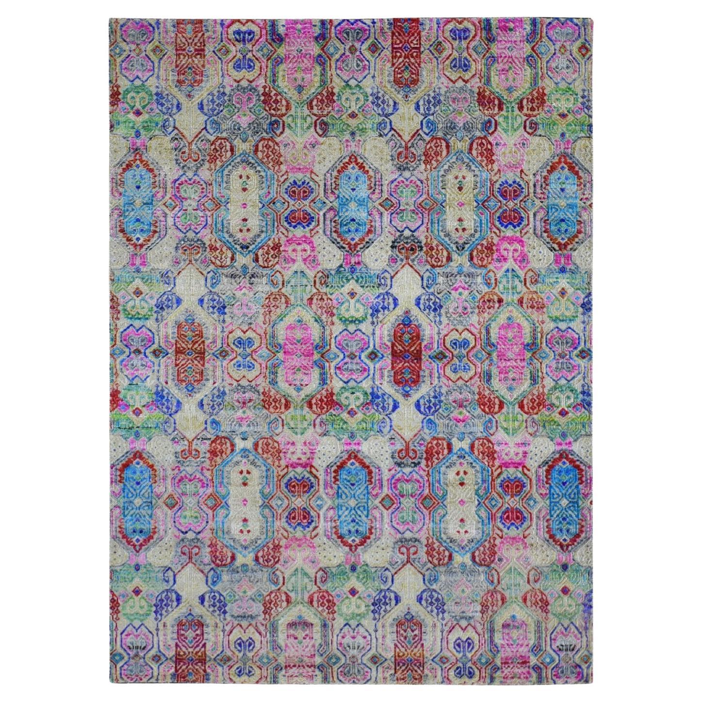 5'x6'10" Jewellery Design Sari Silk With Textured Wool Hand Knotted Rug For Sale
