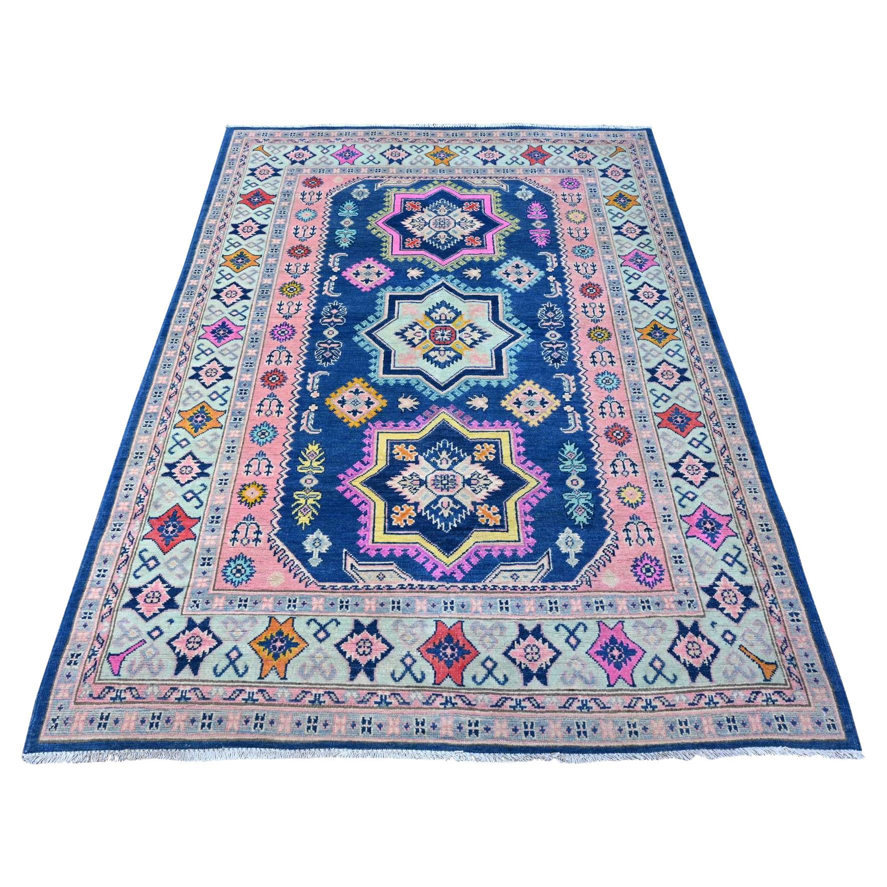5'x6'10" Lowes Blue Multiple Borders Vibrant Fusion Kazak Oriental Rug