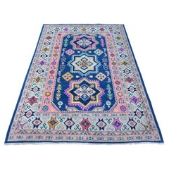 5'x6'10" Lowes Blue Multiple Borders Vibrant Fusion Kazak Oriental Rug