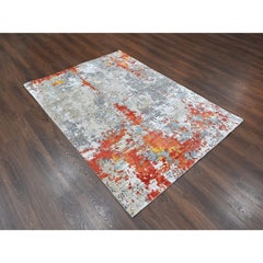 5'x6'10" Orange with Gray Abstract Design Hand Knotted Wool & Silk Oriental Rug