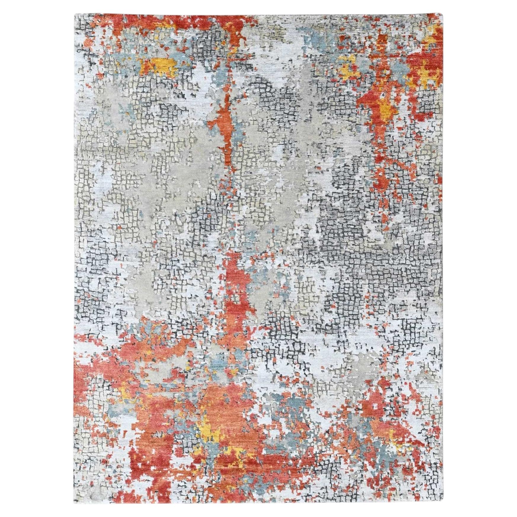 5'x6'10" Orange with Gray Abstract Design Hand Knotted Wool & Silk Oriental Rug For Sale