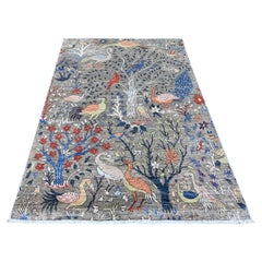 5'x6'10" Sonic Gray Hand geknotet afghanischen Peshawar mit Vögel Design Wolle Teppich