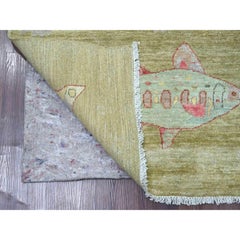 5'x6'10" Sumpfgrüner handgeknüpfter afghanischer Peshawar Fish Design Wolle Orientteppich
