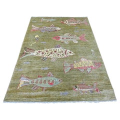 5'x6'10" Sumpfgrüner handgeknüpfter afghanischer Peshawar Fish Design Wolle Orientteppich