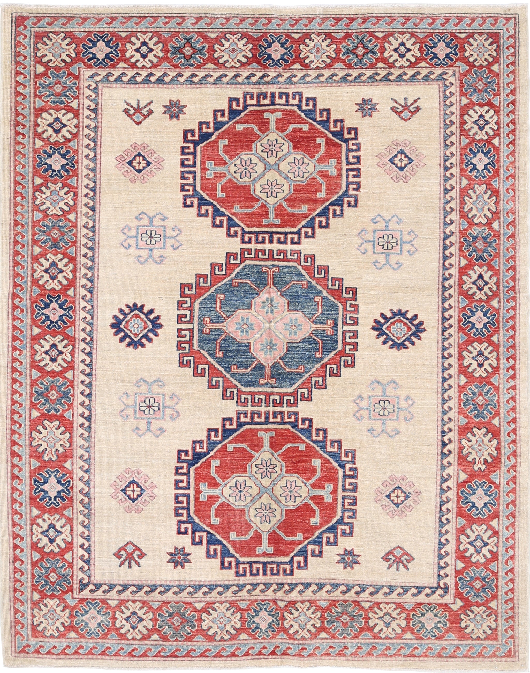 5x6.2 ft Hand Knotted Beige, Red and Blue Area Rug. Tribal Medallion Accent Rug For Sale