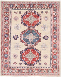 5x6.2 ft Hand Knotted Beige, Red and Blue Area Rug. Tribal Medallion Accent Rug