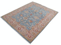 5x6.2 ft Handmade Floral Oushak Rug with Blue Field and Pink Border. 100% Wool