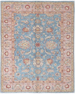5x6.2 ft Handmade Floral Oushak Rug with Blue Field and Pink Border. 100% Wool