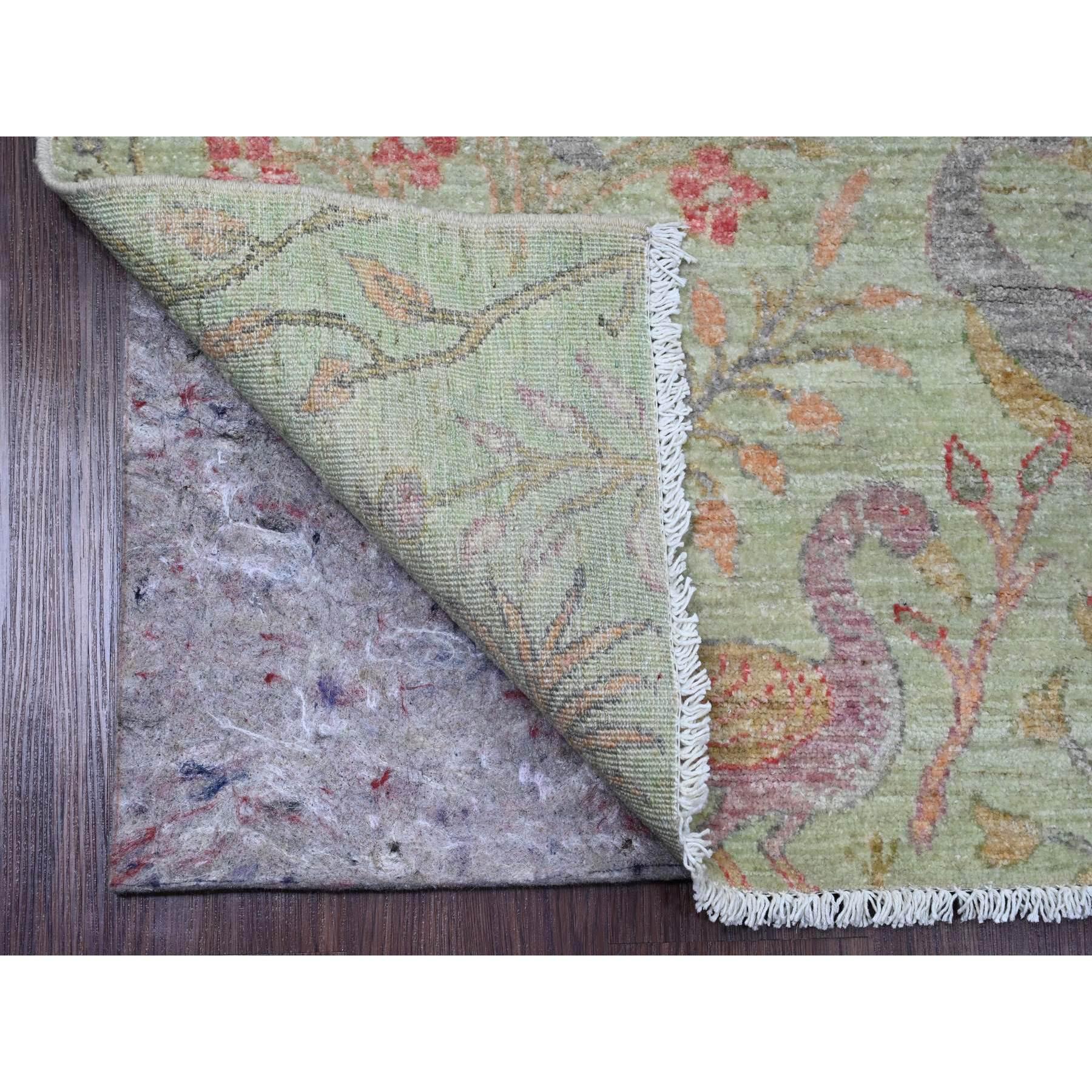 Swamp Green, Afghan Peshawar with Birds of Paradise Design, Hand Knotted, Soft Wool, Vegetable Dyes, Oriental Rug
Primary materials: Wool
Latex: No Pile 
height: 0.25 Inches
Style: Transitional
Primary color: Green
Secondary colors: Blue, Red,