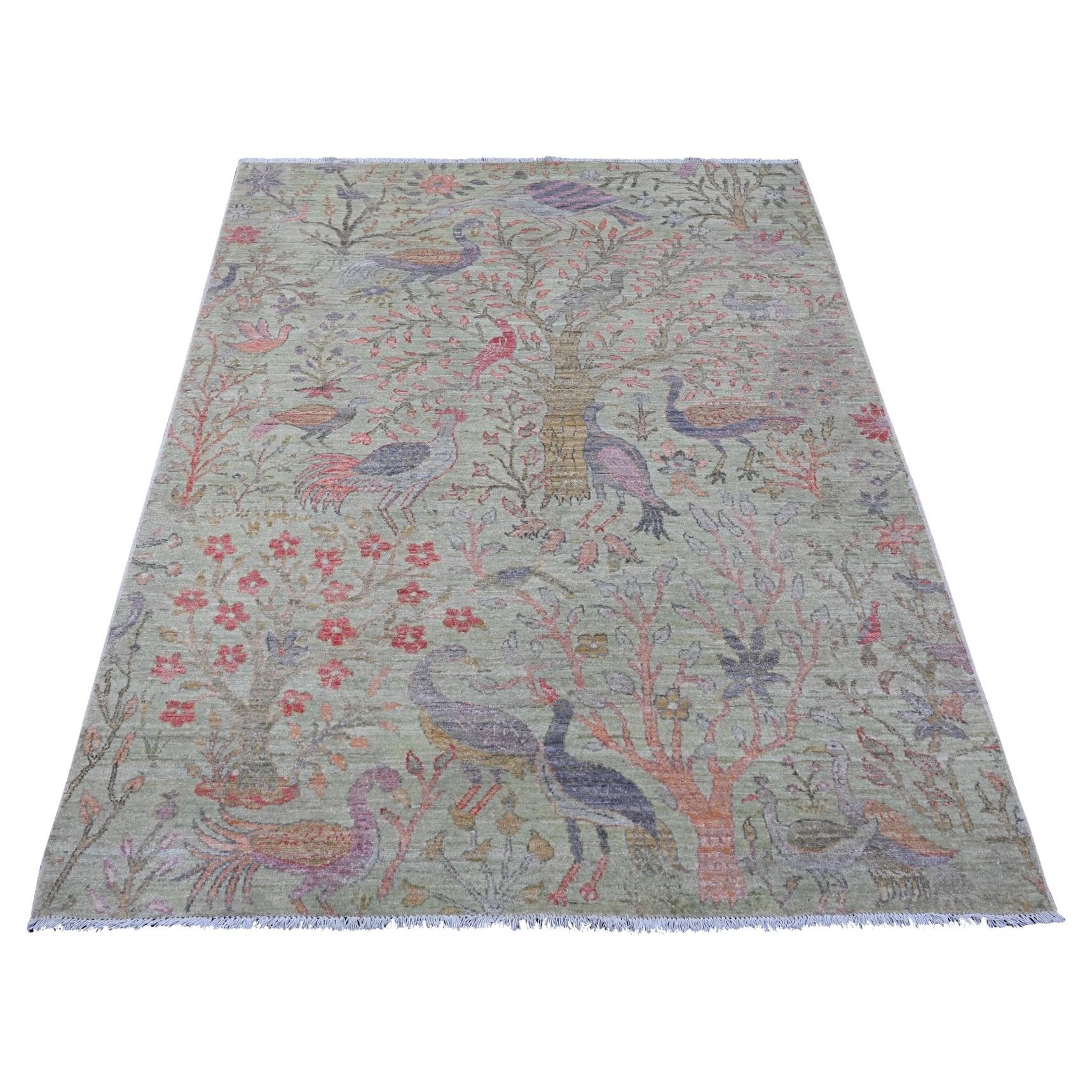 Alfombra de lana anudada a mano con diseño de aves del paraíso de Peshawar afgana verde de 1,5 x 1,8 metros