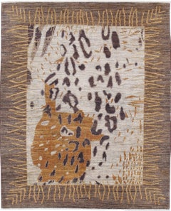 5x6.3 ft Hand Knotted Brown, Beige and Mustard Area Rug. Abstract Design Carpet