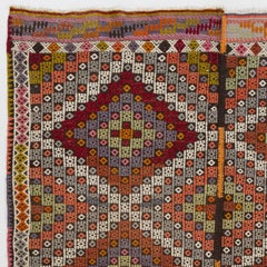 5x6.3 Ft Old Turkish Jijim Kilim, Embroidered Cicim Rug with Diamond Design