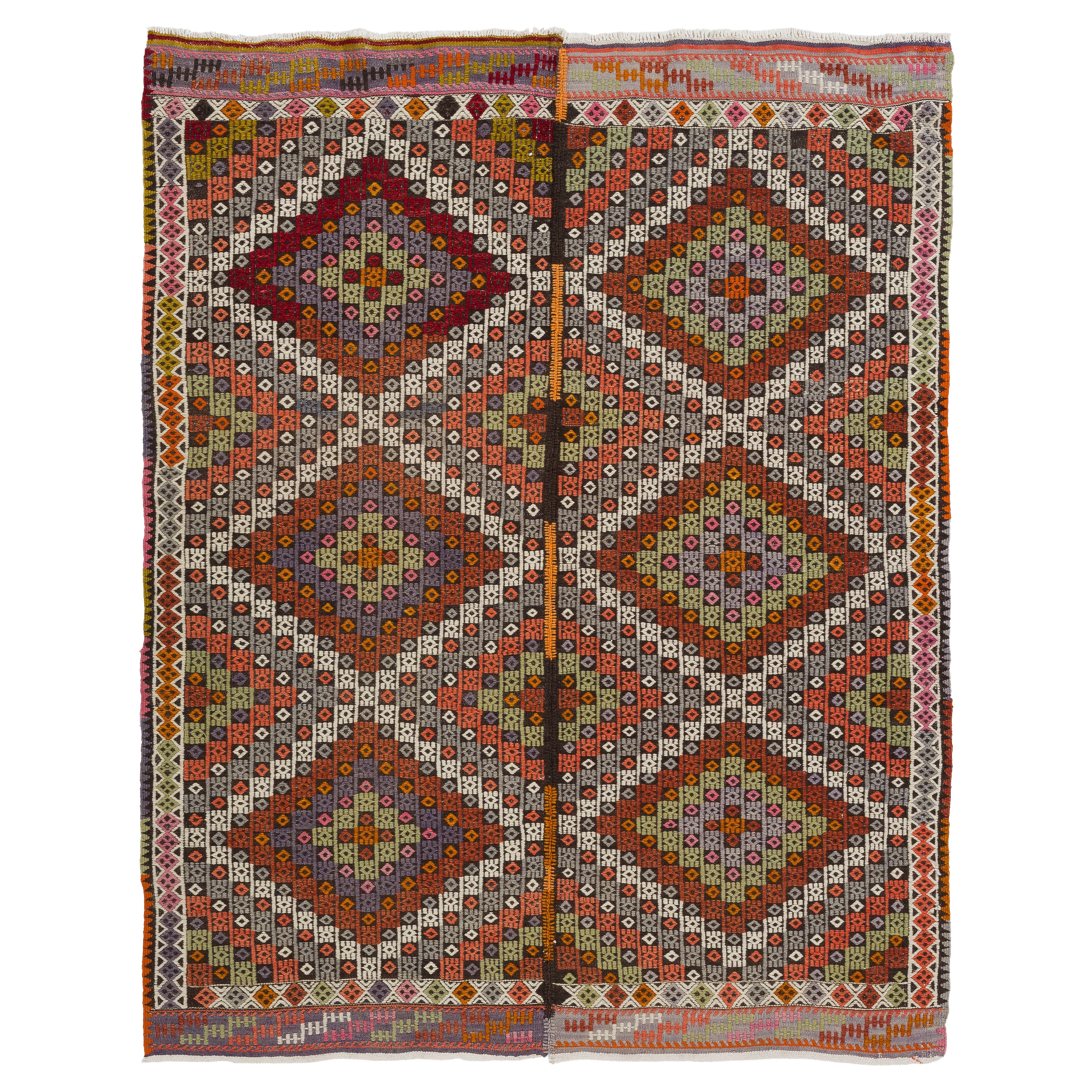 5x6.3 Ft alter türkischer Jijim-Kelim-Teppich, bestickter Cicim-Teppich mit Diamantdesign im Angebot