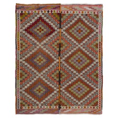 5x6.3 Ft Old Turkish Jijim Kilim, Embroidered Cicim Rug with Diamond Design