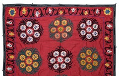 Suzani Bed Cover in Red, Vintage Uzbek Hand Embroidered Wall Hanging